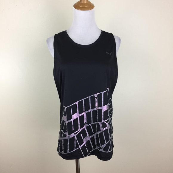PUMA Black Silver Glittery Large Logo Print Wide Armhole DRY CELL Tank Top - Picture 5 of 9